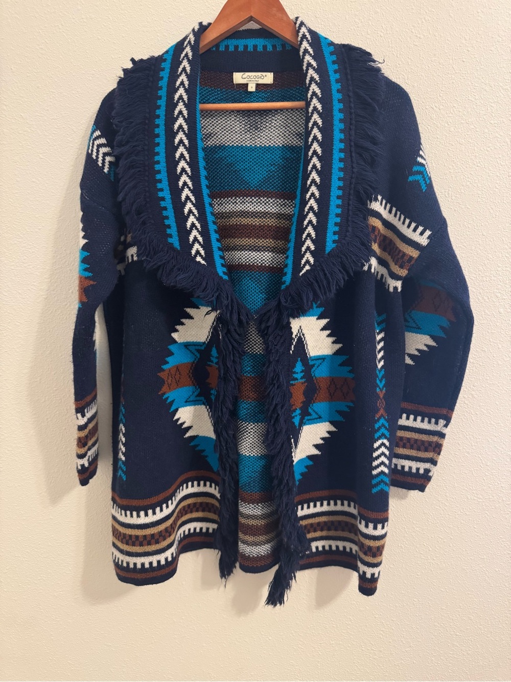 Cocogio Italy Wool Blend Southwestern Fringe Cardigan S Navy Turquoise